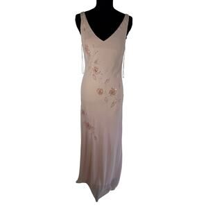 Vintage Stenay Y2K Beaded Sequin Floral Mesh Gown V-Neck Maxi Blush Pink
